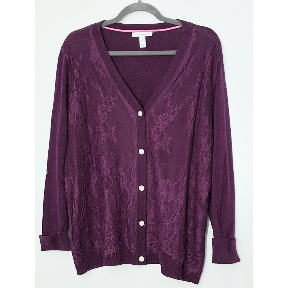 Isaac Mizrahi Live! Sweater Cardigan Size XL Novelty Lace Overlay Purple Floral